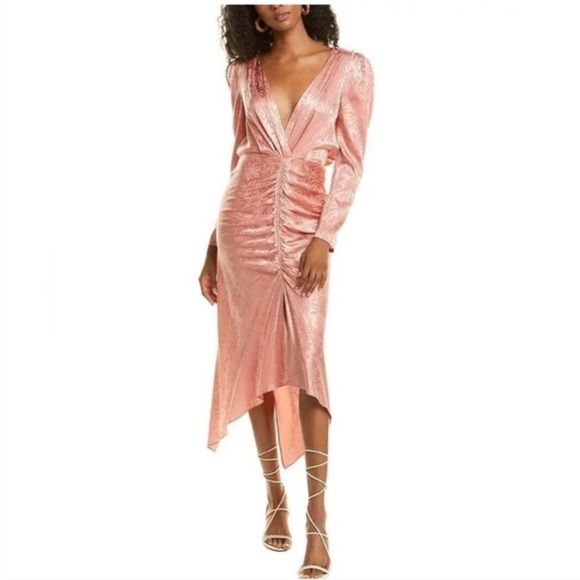 NWOT Ronny Kobo Tropical Print V-Neck Ruched Midi Dress Pink Large - Picture 1 of 6